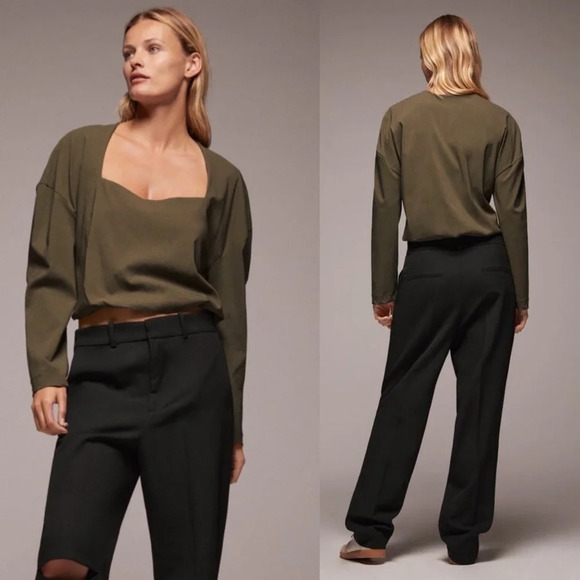 Zara Army Green Sweetheart Neckline Long Sleeve Crop Top Size Medium - Picture 1 of 12